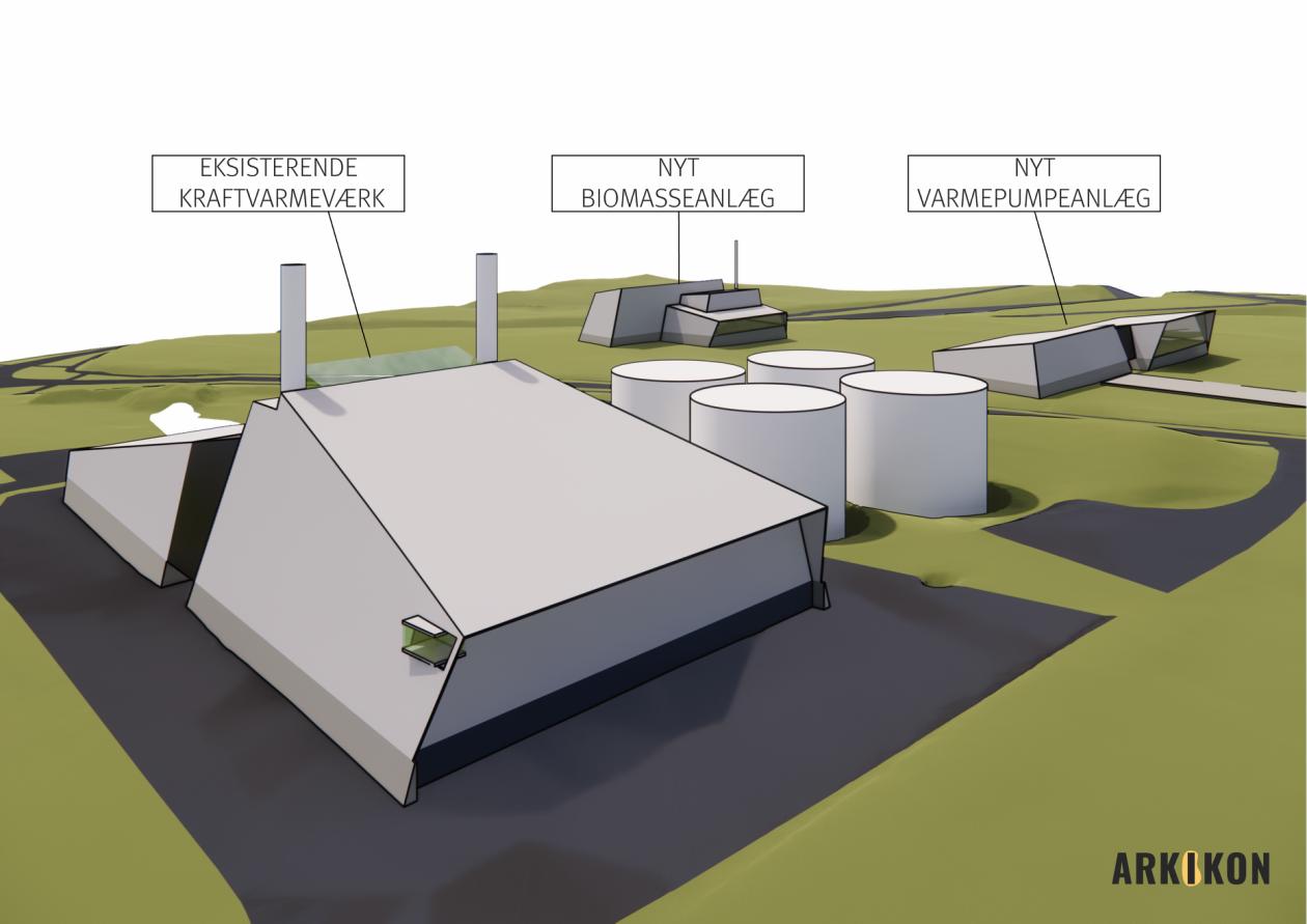 Skitse af nyt produktionsanlæg. Illustration: Arkikon. Skitse af nyt produktionsanlæg med kraftvarmeværk, nye varmepumpebygning og ny biomasseanlægbygning.